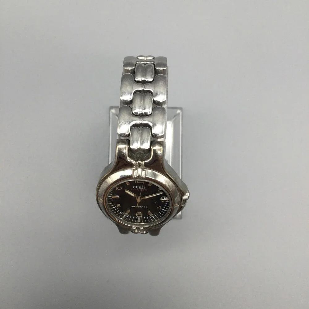 Vintage Guess Womens Watch 25mm Silver Tone Black Dial Date New Battery 6.5